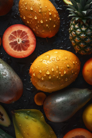 water green fruit healthy food background vitamin tropical fresh strawberry drop. Generative AI.の素材