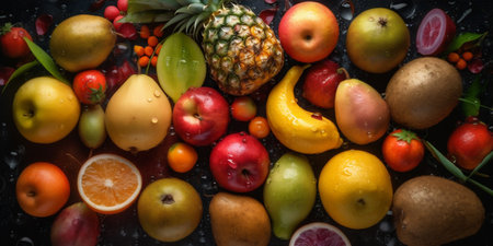 yellow food green strawberry healthy water background fruit drop fresh vitamin. Generative AI.の素材