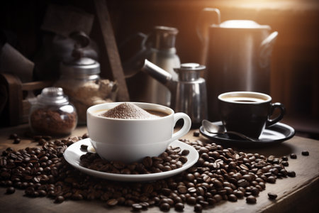 aroma espresso brown bean morning breakfast mug cafe drink cup. Generative AI.の素材