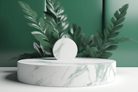 platform up marble design color space podium leaf green mock creative. Generative AI.の素材