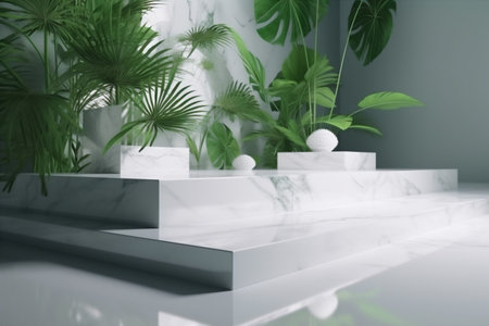 creative up green leaf color platform mock marble space podium design. Generative AI.の素材