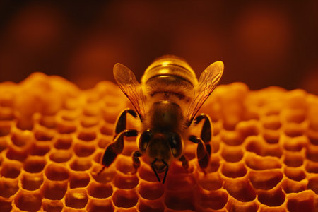background closeup pollen honey yellow honey macro gold bee nature bee insect. Generative AI.の素材