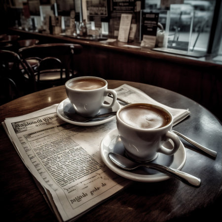espresso cup breakfast mug beverage caffeine food table cafe drink. Generative AI.の素材