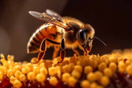 bee nature yellow gold insect honey background macro vibrant pollen closeup. Generative AI.の素材