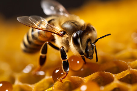 gold wax honey macro bee nature closeup yellow insect pollen background. Generative AI.の素材