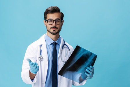 Male doctor in a white coat surgeon looks at an x-ray of a patient smile on a blue isolated background, copy space, space for textの写真素材