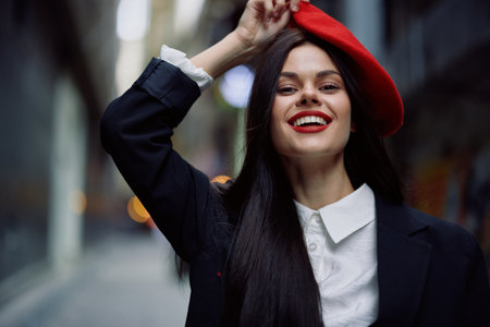 Fashion woman smile with teeth and fun tourist in stylish clothes in jacket and red beret walking down narrow city street flying hair, travel, French style, cinematic color, retro style.の写真素材