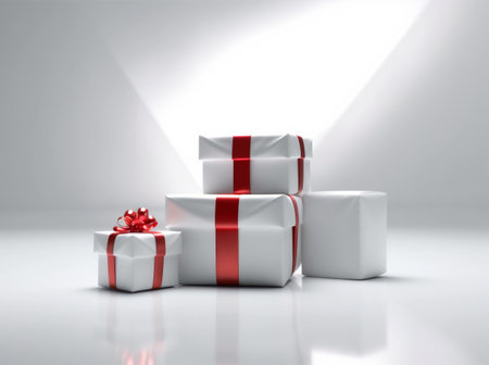 christmas box white package ribbon gift red isolated surprise present. Generative AI.の素材