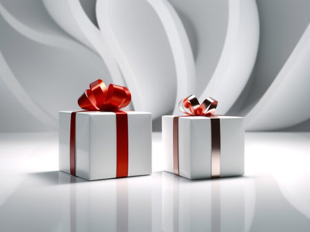 white isolated package gift ribbon surprise red box present christmas. Generative AI.の素材