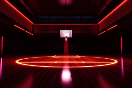 indoor empty game basketball neon hall background corridor hoop interior arena design. Generative AI.の素材