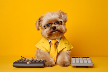 animal dog financial accountant finance yellow business humor background pet funny. Generative AI.の素材