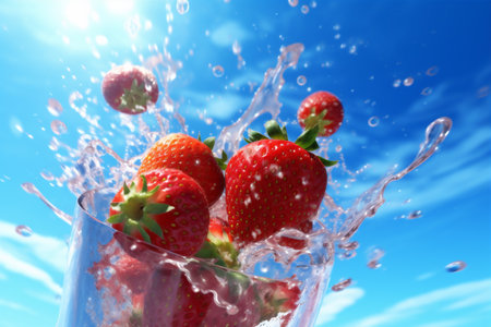healthy food red splash water strawberry fresh fruit background blue freshness. Generative AI.の素材