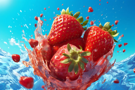blue fresh healthy red fruit splash background strawberry food water freshness. Generative AI.の素材