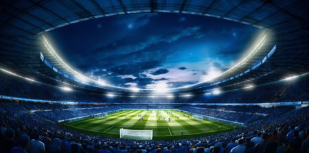 green arena goal stadium football sport game soccer light world. Generative AI.の素材