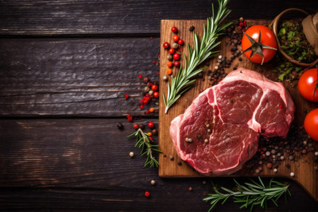 grill meat red background dark beef steak raw food salt fried. Generative AI.の素材