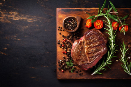 red background food beef dark grill steak slice raw fried meat. Generative AI.の素材