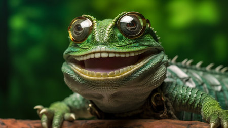 glasses portrait animal green lizard iguana reptile close-up scale wildlife. Generative AI.の素材