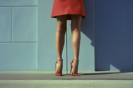 woman leg red shoe concept fashion foot blue colorful stylish beautiful. Generative AI.の素材