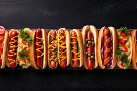 dog sauce hot wooden background sausage fast food american meat bread. Generative AI.の素材