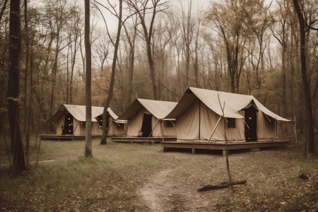glamping vacation travel luxury forest canvas tent nature camping light. Generative AI.の素材