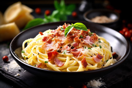cheese spaghetti sauce bacon italian meal food meat pasta carbonara. Generative AI.の素材