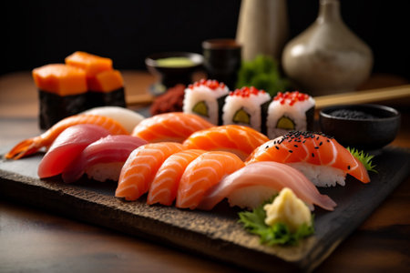 sushi meal seafood roll fish japanese rice food set japan. Generative AI.の素材