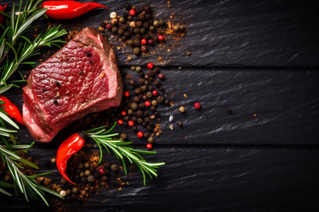 fried raw meat grill dark beef chop food background steak red. Generative AI.の素材