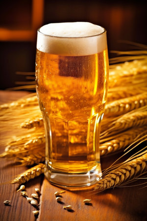 beverage glass pint alcohol drink gold beer foam lager pub. Generative AI.の素材