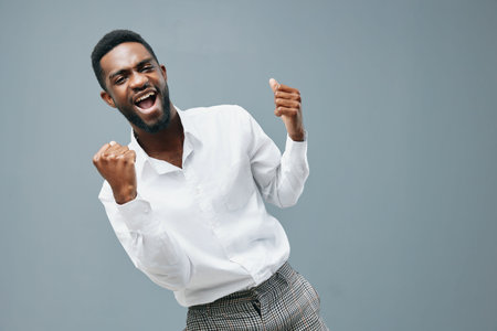 man guy young african shirt american smile studio happy standing copy space whiteの写真素材