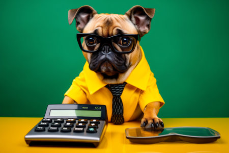 holding dog finance humor yellow pet financial background animal business funny. Generative AI.の素材