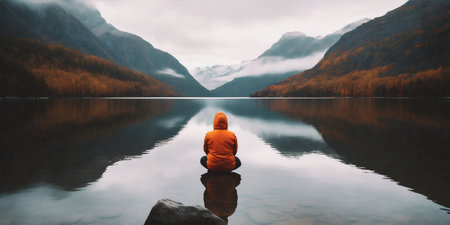 yellow man cape mountain hiking travel back river nature lake water. Generative AI.の素材