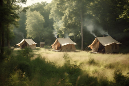 travel light canvas vacation forest nature tent glamping camping luxury. Generative AI.の素材