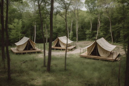 canvas travel glamping luxury light tent camping forest nature vacation. Generative AI.の素材