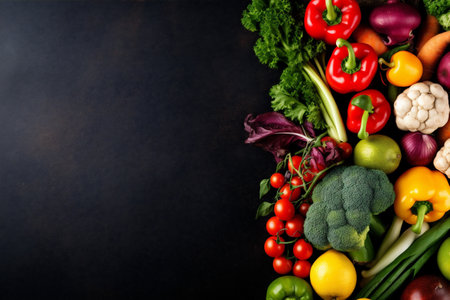 cooking ingredient fresh dark table farmer vegetable vegetarian background healthy food. Generative AI.の素材