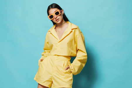 woman attractive sunglasses beautiful yellow trendy summertime fashion young lifestyle girlの写真素材