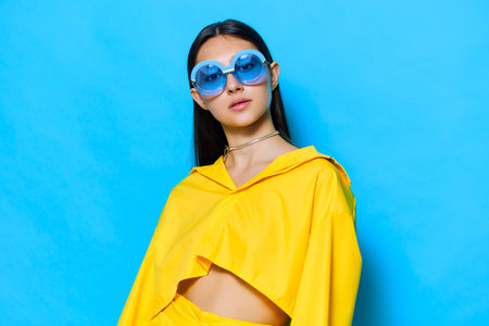 girl woman fashion sunglasses background lovely attractive beautiful lifestyle trendy yellow youngの写真素材