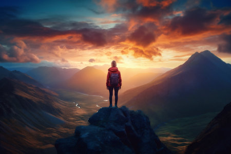 man woman landscape vacation nature back travel mountain hiker adventure peak backpack. Generative AI.の素材