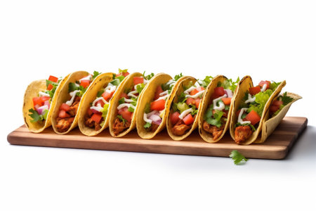 beef mexican taco food white white tortilla isolated vegetable tomato on meat. Generative AI.の素材