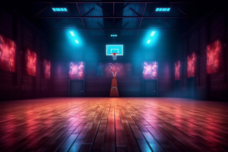 background design corridor neon empty basketball arena indoor game three-dimensional interior hall. Generative AI.の素材