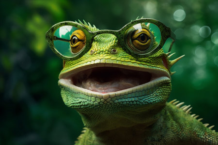 iguana animal glasses wildlife green portrait scale lizard reptile close-up. Generative AI.の素材
