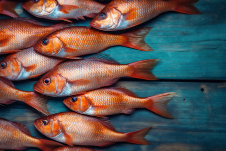 fresh seafood background healthy meal herb smoked dinner raw fish food. Generative AI.の素材