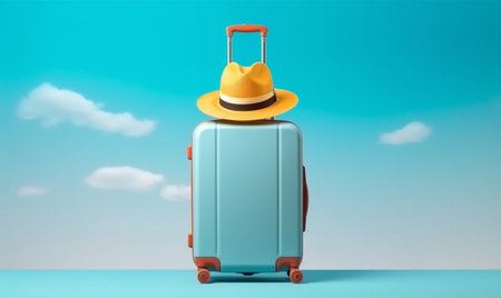 trip journey blue hat background holiday baggage leisure suitcase travel vacation. Generative AI.の素材