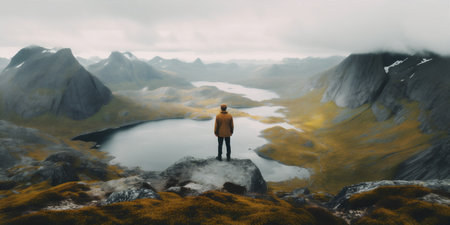 man yellow mountain cape tour lake tourism nature travel back hiking water. Generative AI.の素材