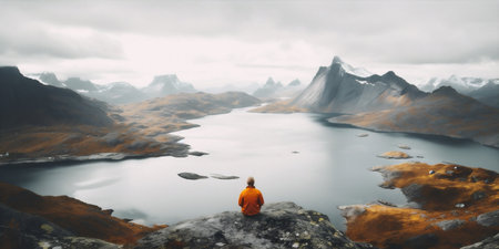 nature man water mountain yellow hiking cape travel back lake young. Generative AI.の素材