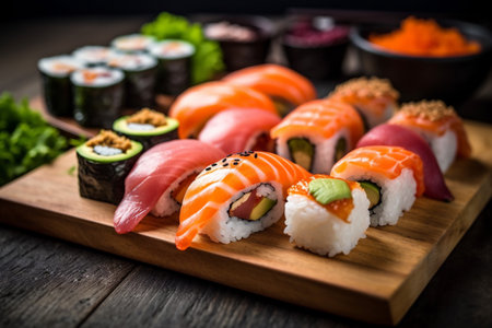 set japan rice meal japanese sushi roll seafood fish food. Generative AI.の素材