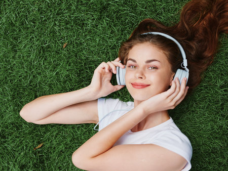 Woman in headphones listening to music smile with teeth lying on the green grass in summer, good moodの写真素材