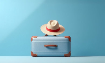 background travel blue holiday suitcase trip journey vacation hat baggage holding. Generative AI.の素材