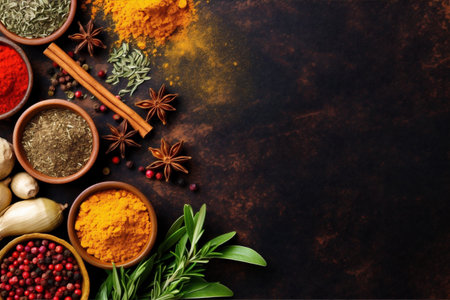 background cuisine spice food powder indian seasoning ingredient dry herb cooking. Generative AI.の素材