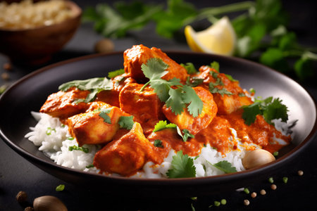 chicken asia masala dark asian hot rice sauce indian background traditional. Generative AI.の素材