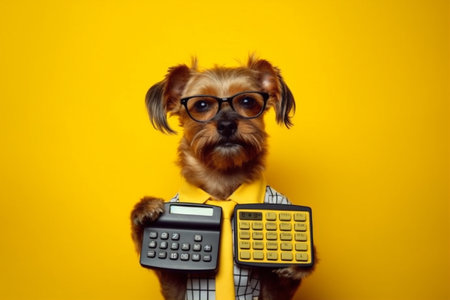 humor dog funny mathematic finance animal pet financial business yellow background. Generative AI.の素材